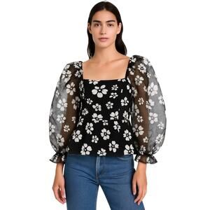 Storia Puff Sleeve Sheer Black and White Floral Blouse Party Top Whimsical Small